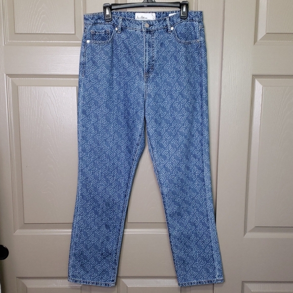 Sam Edelman High Rise Slim Straight Denim with White Logo Pattern Jeans Size 31 - Picture 1 of 7